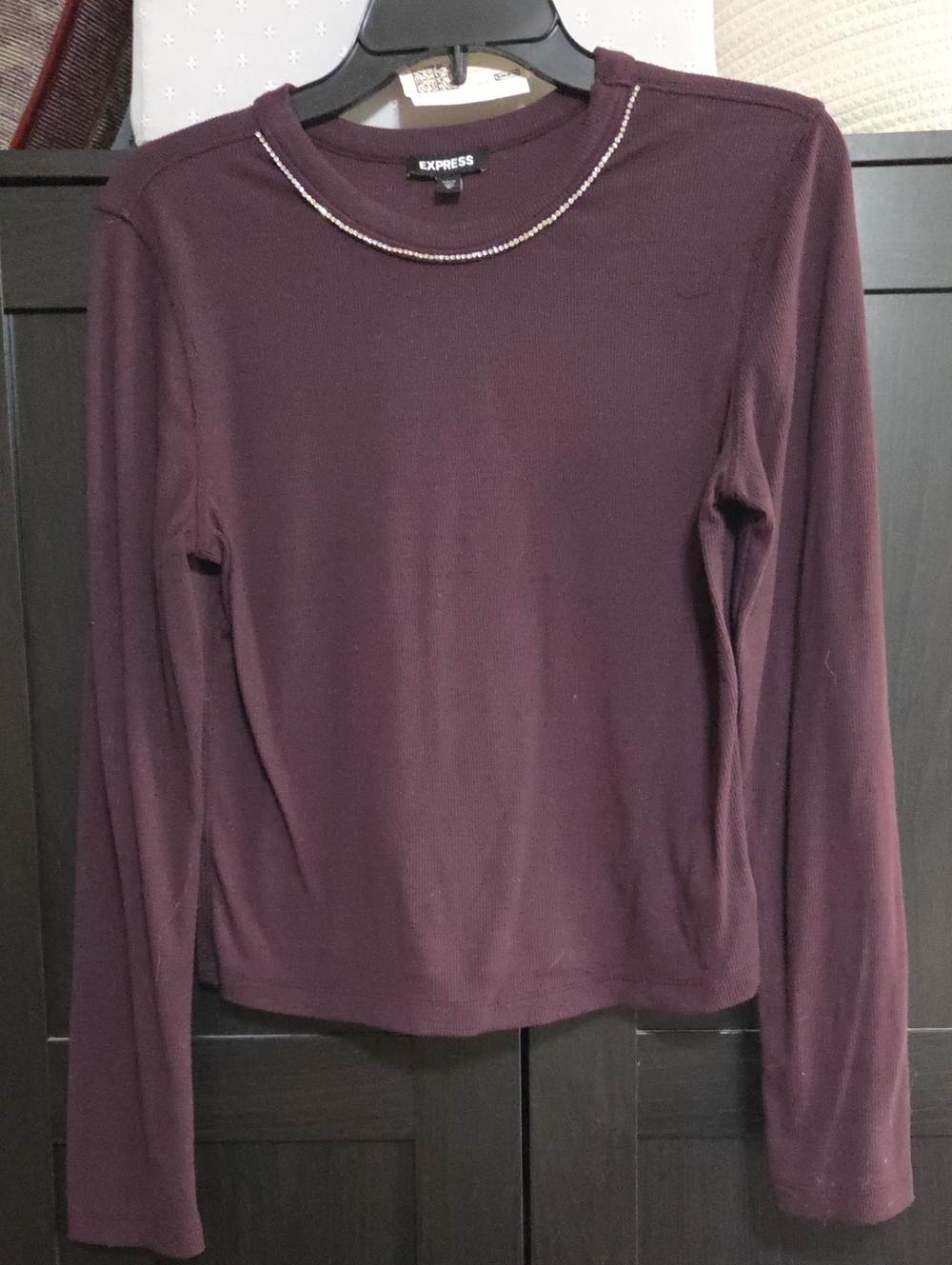 Express Long-Sleeve Crewneck Top in Plum with diamond Beaded Neckline